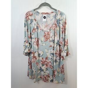 JM Women's Blouse Light Blue Floral Large 3/4 Sleeve Round Neck